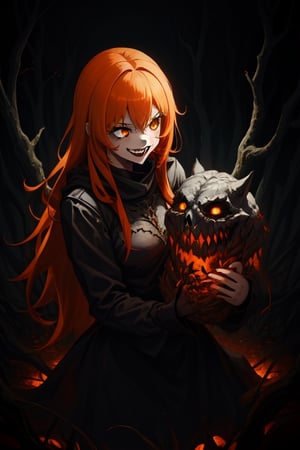 1girl, dark fantasy background terror forest, night, dark sky, orange hair, orange eyes, cute, laughing madly, terror, dark magic