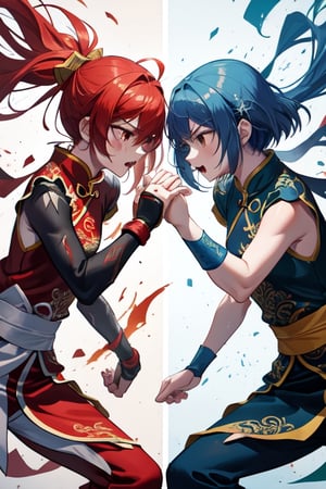 Generate an image of two individuals in a fighting each other other. One individual has blue hair and is dressed blue Chinese Martial Arts Uniform, while the other has red hair wearing red Chinese Martial Arts Uniform. Ensure that the AI accurately depicts a fighting scene between the two individuals, clearly showcasing the specified hair and clothing colors for each, (the two individuals they are hitting each other), full body, fighting, hitting, battle