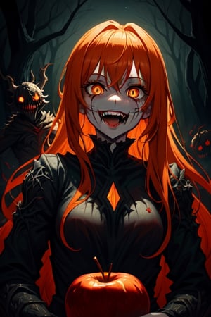 1girl, dark fantasy background terror forest, night, dark sky, orange hair, orange eyes, laughing madly, in the background is a terror 
 apple looking at the camera,terror, dark magic