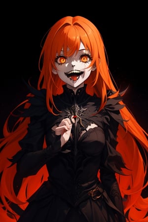 1girl, dark fantasy background, night, dark sky, orange hair, orange eyes, cute, laughing madly, terror, dark magic