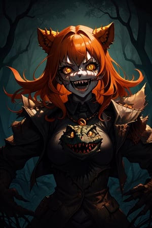 1girl, dark fantasy background terror forest, night, dark sky, orange hair, orange eyes, laughing madly, in the background is a terror 
crocodile looking at the camera,terror, dark magic