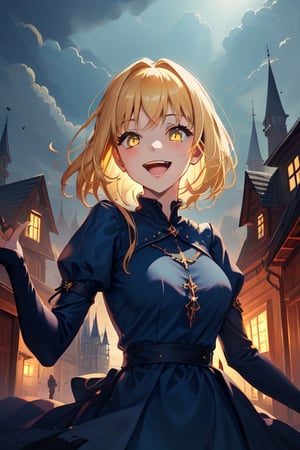 1girl, dark fantasy, blonde hair, yellow eyes, laughing gently
,she wears a tender blue dress, cute, cute face ,background a light castle and houses from the middle ages, beautiful illuminated light blue sky,terror, dark magic