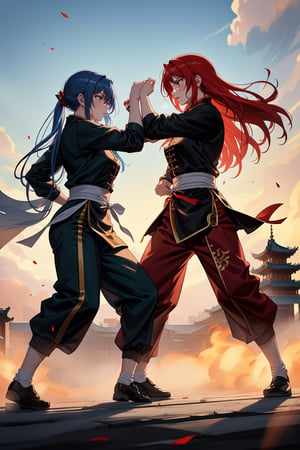 Generate an image of two women engaged in a fierce battle. One woman has blue hair and is dressed in a traditional blue Chinese Martial Arts Uniform, while the other woman has red hair and is wearing a red Chinese Martial Arts Uniform. The scene should accurately depict the intense fight between the two individuals, clearly showcasing the specified hair and clothing colors for each. The image should feature a full-body view of the two women fighting, hitting, and engaging in a battle. The background should include a Chinese imperial temple, with a training field made of square stone slabs. Surrounding the training field should be ancient Chinese houses, and within the training field, there should be practice dummies used for physical and martial arts training.