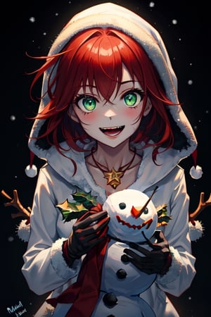 1girl, dark fantasy background terror Snowman , night, dark sky, red hair, green eyes, christmas necklace,wear christmas clothes,laughing madly, background are a terror Snowman looking at the camera,terror, dark magic, 