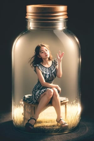 Best quality, masterpiece, ultra high res, (photorealistic:1.4),(zentangle:1.2),classical,Tyndall Effect,light background,vibrant color,1girl, ((SITTING inside A giant glass sweety jar)), (anyachalotra:0.8), full body, looking at viewer, ruffled blouse, high-waisted shorts, espadrille wedges, sitting,in the dark, deep shadow, low key, glass bottle, grey background,Haka,hk_girl,Detailedface,realhands,BROOM_STRADDLE_RIDING,phgls,JAR,pastelbg,perfect,1 girl,hand,fingers,BOTTLE