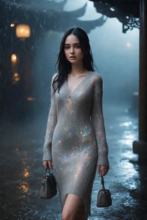 A masterpiece of photography: a stunning, high-quality image showcasing an exquisite woman in a breathtakingly detailed sweater dress. Shot with professional precision, this 8K UHD photo masterfully captures the subtle nuances of iridescent lighting, as if the very fabric of the garment shimmers in harmony with the model's captivating gaze. Framed against a cinematic backdrop, (((Full body))), Score_9, score_8_up, score_7_up,
digital art ilustration, depth of field, cinematic light, chiarosaurio, mist, particles, sparks,reflections, 
1girl, solo, long hair, black hair, dress, bag, walking, mature female, handbag, realistic, long dress,
 (wet body, transparent, see through), heavy rain, thunderstorm,
 (((Chinese Emperor princess, Dilraba Dilmurat, extremely beautiful face, beautiful eyes))),