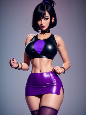 1girl, solo, black hair, short hair, bob cut, swept bangs, high ponytail, masterpiece, high quality, best quality, purple eyes, expressive eyes, perfect face, cowboy shot, smile, looking at viewer, eyeshadow, purple lipstick, choker, bracelet, sleeveless, black tank top, crop top, huge breasts, v-cut, deep cleavage, midriff, navel, narrow waist, black skirt, miniskirt, side slit, wide hips, purple pantyhose, thick thighs