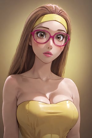 anime, (masterpiece, best quality, ultra realistic, 8k:1.2), (large breasts:1.1), (muscular female:0.8), (yellow dress, headband, strapless, leather dress, absolute cleavage), (glow in the dark:1.1), blank background, xyzhoneylemon, brown hair, brown eyes, pink glasses