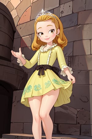 (masterpiece, high quality, realistic, detailed:1.3), princess amber, (short dress, skin tight:1.1), bare legs, thick thighs, wide hips, narrow waist, from below, legs_apart, looking down, looking at viewer, smirk, mesugaki, smug,loli,princess amber