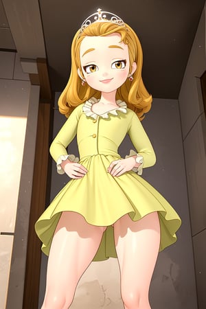 (masterpiece, high quality, realistic, detailed:1.3), princess amber, (short dress, skin tight:1.1), bare legs, thick thighs, wide hips, narrow waist, from below, legs_apart, looking down, looking at viewer, smirk, mesugaki, smug,loli,princess amber