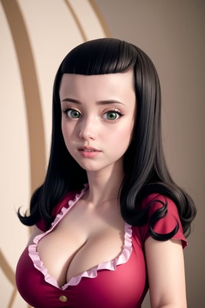 (masterpiece, ultra realistic:1.2), (high quality, detailed:1.2), (musuclar female:0.8), (huge breasts:1.2), (burgundy dress, princess, cleavage), (upper body, portrait:1.1), (blank background:1.2), princess vivian, green eyes, blunt bangs