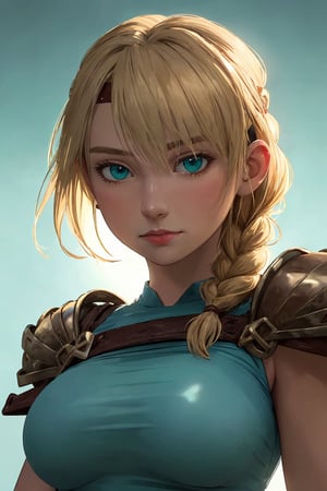(masterpiece, best quality, ultra realistic, 8k:1.2), (large breasts:1.1), (muscular female:0.8), (leather headband, turquoise shirt, sleevless, shoulder armor), (glow in the dark:1.1), blank background, Astrid Hofferson, blonde hair, braid, hair over left eye