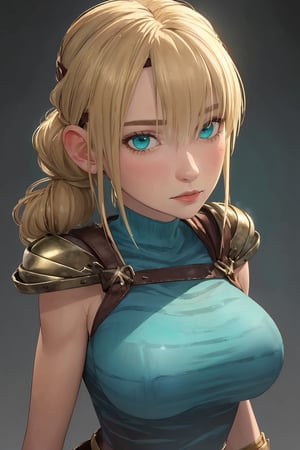 (masterpiece, best quality, ultra realistic, 8k:1.2), (high detailed skin:1.2), (large breasts:1.1), (muscular female:0.8), (leather headband, turquoise shirt, sleevless, metal shoulder pads), (glow in the dark:1.1), blank background, Astrid Hofferson, blonde hair, braid, hair over left eye