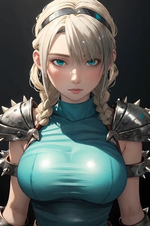 anime, (masterpiece, best quality, ultra realistic, 8k:1.2), (high detailed skin:1.2), (large breasts:1.1), (muscular female:0.8), (leather headband, turquoise shirt, sleevless, silver metallic shoulder pads, spikes), (glow in the dark:1.1), blank background, Astrid Hofferson, blonde hair, braid, hair over left eye