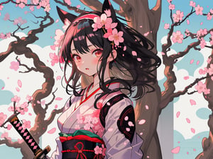 cat girl, white samurai suit, Hairband behind head, many cherry blossom trees in the background with floating cherry blossom petals, katana in left side,cat lingerie, no ear
