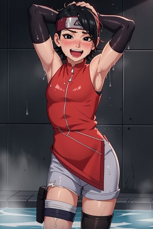 anime screencap, 1girl, solo, black hair, short hair, black eyes, skinny, cowboy shot, standing, forehead protector, ahegao, black thighhighs, thigh holster, arm warmers, bare shoulders, ((red dress, shorts, sleeveless)), ((wet, sloppy)), laughing , armpits, embarassed