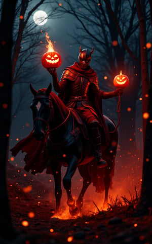 A mesmerizing movie still capturing a goth cyberpunk knight. On a Halloween night, the headless knight in fiery gloden-red armor on a black horse, he has no head over his shoulder and holds a glowing pumpkin lamp in his right hand, is riding swiftly through the woods. On a moonlit night, The image is photorealistic, detailed, and in a fantasy style. ,glowing,bright,luminous skin,glowing brightly,warm light,radiant,soft,glowing skin and vibrant, luminous features,glowing visual effects,glowing particles,neon