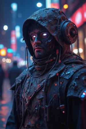 dystopian future city 2047,  a Necro-Hacker with spectral data trailing from his fingertips. His high tech cloak is tattered and covered in glitching, digital symbols. His glowing atms flicker with data streams as he manipulates digital glitches in the air. The background is a futuristic neon-lit street, with glitchy figures flickering in the shadows, a significant symbol of inner peace in a fast-moving world. Non-representational, vibrant colors and shapes, expression of feelings, imaginative, highly detailed.