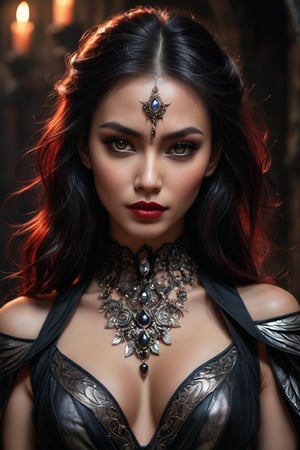 ((masterpiece)), ((best quality)), (((photo Realistic))), (portrait photo), (8k, RAW photo, best quality, masterpiece:1.2), (realistic, photo-realistic:1.3).   In a Dungeons & Dragons realm, a captivating dark fantasy portrait emerges, depicting a demoness with oil-black skin and mesmerizing red eyes. Her sultry outfit reveals her alluring figure, accentuated by the intricate details of her attire, including dark lace and shimmering onyx gems that catch the dim light of her surroundings. Her long, flowing hair cascades around her shoulders, framing her striking face which bears a pair of ominous, mystical wings that seem to shimmer with an otherworldly energy. Her expression is one of enigmatic allure, with a subtle, knowing smile that hints at forbidden secrets and untold power. The background is set within a dark, smoky palace, its shadowy corridors and towering arches lending an air of mystery and grandeur to the scene. Faint, ghostly lights flicker in the distance, casting an ethereal glow that contrasts beautifully with the demoness's dark form. 