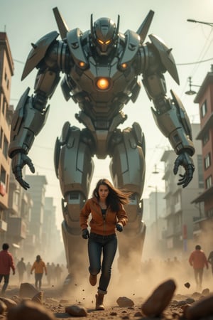 Bottom low angle view, distorted perspective. A post-apocalyptic image, medium close sot sharp focus on a young woman's face. The heroine with determined face running away from the silhouette of a giant robot jump down from high and its massive hand reaching down to the woman. She is fast running in the very front while the robot's right hand smashed the ground on her left side. Dramatic dystopian city, debris, dust, fog, depth of field, motion blur, cinematic composition, lens-flares. Cinema 4D movie,Fantasy detailers,cyberhelmet