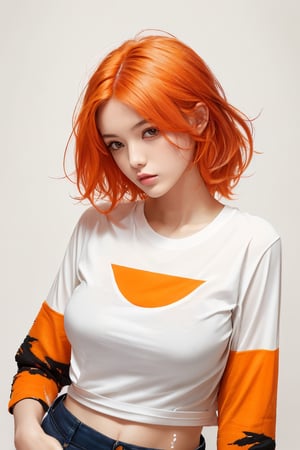 A stunning minimalist illustration featuring a young woman with vibrant orange hair that falls to her mid-length. She is wearing a fitted white t-shirt with orange patches on the sleeves, which are slightly wet and clinging to her body, revealing her form. The background is simple and clean, allowing the focus to remain solely on the woman's captivating appearance.