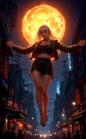 An enchanting urban fantasy scene of an anime woman with long platinum blonde hair and piercing bright eyes. She is dressed in glowing jeans and a leather jacket, with her arms outstretched as if embracing the world. The woman is defying gravity, floating in the warm glow of a massive, fiery orb hovering above a bustling city street plunged into night. The streetlights cast a dim, blue hue over the scene, and the cityscape is filled with a mix of towering skyscrapers and old-world charm. The overall ambiance is mystical, with a sense of awe and wonder.