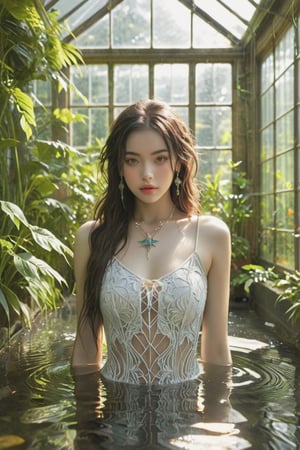A fantasy-themed goddess character, intricate jewelry. She is positioned in a serene environment, surrounded by lush greenery and sunlight filtering through large windows. The character is partially submerged in a body of water, with sunlight reflecting off her skin and the water. The architecture suggests an indoor setting, possibly a conservatory or a greenhouse, with wooden beams and large glass panes.