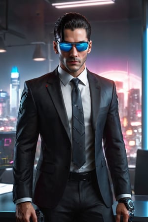 ((masterpiece)), ((best quality)), (((photo Realistic))), (portrait photo), (8k, RAW photo, best quality, masterpiece:1.2), (realistic, photo-realistic:1.3). A sleek and futuristic corporate officer in a Cyberpunk 2077-style office setting. The male character is dressed impeccably in a dark suit and tie, with shades covering his eyes. He is holding a high-tech holographic device that emits a blue glow. The office background is filled with advanced technology and neon lights, with a futuristic cityscape visible through the window. 