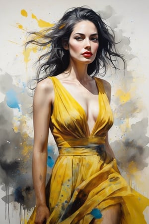 hyperrealistic art style, a masterpiece painting. A mesmerizing watercolor wash painting featuring a gorgeous woman wearing a yellow dress, in the style of joram roukes, dance while head backward, neil gaiman, graceful movements, stanley pinker, made of glass, disintegrated, heavy brush stroke detailed. 