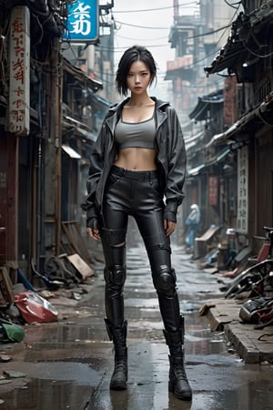 hyperrealistic, a masterpiece shot, (((gorgeous young woman))), full body lean forward, Gumiho, ((masterpiece)), ((best quality)), (((photo Realistic))), extremely detailed cg 8k wallpaper, Japanese female android in dystopian hybrid futuristic attire on a desolate street, overcast, ruins, cinematic, 32k.