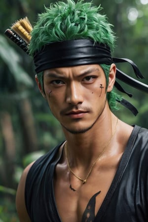 hyperrealistic, a masterpiece live-action movie poster. A breathtakingly realistic image of an aesthetically captivating, side-splitting masterpiece featuring zoro from One Piece, flaunting his extraordinary elasticity in an unparalleled and amusing way. Set in a whimsical, imaginative, and lively environment, the illustration should capture zoro with haki transformation as the legendary. Showcase his powerful tricky technique. Employ cutting-edge rendering