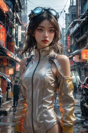 hyperrealistic, a masterpiece shot, (((gorgeous young woman))), full body lean forward, Gumiho, ((masterpiece)), ((best quality)), (((photo Realistic))), extremely detailed cg 8k wallpaper, Japanese female android in dystopian hybrid futuristic attire on a desolate street, beautiful eyes, slight smiling, space tech suit, overcast, a gigantic floating alien beast head in the ruins background, cinematic, 32k.