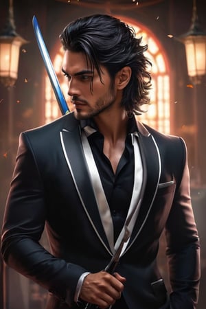 ((masterpiece)), ((best quality)), (((photo Realistic))), (portrait photo), (8k, RAW photo, best quality, masterpiece:1.2), (realistic, photo-realistic:1.3). A striking 8k portrait of a gorgeous handsome man in a black suit, showcasing his toned body and long, dark hair. He has dark, intense eyes and is clean-shaven, with no beard. The man wields a long gleaming katana at dynamic jumping action pose and is adorned in intricate, maximalist attire. The background is a blend of dark and light tones, with a nod to anime-inspired elements. This stunning artwork is trending on ArtStation and is a masterpiece by the talented artist, Artgerm.