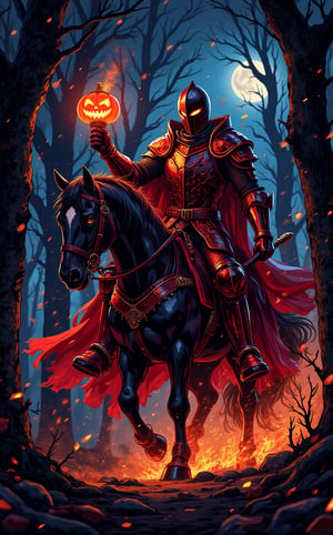 A mesmerizing anime movie still capturing a goth cyberpunk knight. On a Halloween night, the headless knight in fiery gloden-red armor on a black horse, holding a glowing pumpkin lamp in his right hand, is riding swiftly through the woods. On a moonlit night, The image is photorealistic, detailed, and in a fantasy style. ,glowing,bright,luminous skin,glowing brightly,warm light,radiant,soft,glowing skin and vibrant, luminous features,glowing visual effects,glowing particles,neon