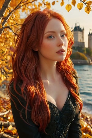 A stunning close-up picture that captures the essence of love and beauty. A captivating and vibrant conceptual art piece, featuring a young adorable woman with very long cascading red hair, seamlessly merging into a picturesque autumn landscape. She stands gracefully amidst a sea of golden leaves, her hair intertwined with branches and foliage. Behind her, a majestic castle stands proudly against an intense orange sky, as if it's on fire. The overall atmosphere of the illustration is cinematic and surreal, evoking a sense of wonder and enchantment, cinematic, vibrant, conceptual art,dal,photo