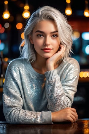 ((masterpiece)), ((best quality)), (((photo Realistic))), (portrait photo), (8k, RAW photo, best quality, masterpiece:1.2), (realistic, photo-realistic:1.3). A beautiful alluring girl with silver hair in an open holes sweater is leaning on the counter of a night bar, smiling at the camera, photorealistic with a cinematic look featuring a bokeh effect, depth of field with sharp focus on the subject and intricate details in the skin texture, soft lighting with HDR and volumetric light, shot on a Sony A7 III