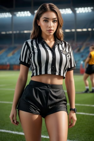 hyperrealistic, a masterpiece shot, (((gorgeous young woman))), dressed as a football referee, very attractive, ((flirting)), standing on football field, centered, (((full body visible))), confidently looking at viewer, wearing crop top and bikini bottom, portrait photography, detailed skin, realistic, photo-realistic, 8k, highly detailed, full length frame, High detail RAW color art, diffused soft lighting, shallow depth of field, sharp focus, hyperrealism, cinematic lighting