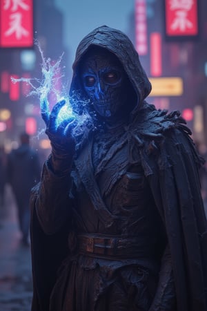 dystopian future city 2047,  a Necro-Hacker with spectral data trailing from his fingertips. His high tech cloak is tattered and covered in glitching, digital symbols. His glowing fingers flicker with data streams as he manipulates digital glitches in the air. The background is a futuristic neon-lit street, with glitchy figures flickering in the shadows, a significant symbol of inner peace in a fast-moving world. Non-representational, vibrant colors and shapes, expression of feelings, imaginative, highly detailed.