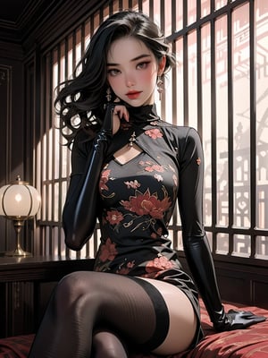 A modern photo of a 19-year-old Gothic anime woman, effortlessly seated in a cozy, dimly lit room filled with books and soft lighting. She is dressed in a chic black latex sweater with a high neck and intricate violet latex applique patterns, paired with platform sandals and black latex gloves and black latex stockings. Her dark, flowing hair contrasts with her pale complexion, and her deep red lips are accentuated by dark makeup. Holding a steaming cup of coffee, she gazes into the distance with an air of mystery and sophistication. This enchanting portrait exudes a sense of relaxation and tranquility, blending vibrant fashion elements with fantasy and cinematic flair.