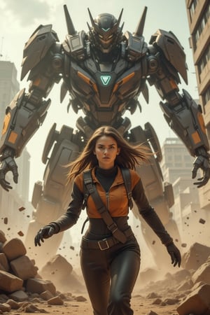 Bottom low angle view, distorted perspective. A post-apocalyptic image, sharp focus on a young woman's face. The heroine with determined face running away from the silhouette of a giant robot jump down from high and its massive hand reaching down to the woman. She is fast running in the very front while the robot's right hand smashed the ground on her left side. Dramatic dystopian city, debris, dust, fog, depth of field, motion blur, cinematic composition, lens-flares. Cinema 4D movie,Fantasy detailers,cyberhelmet