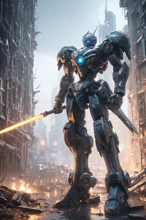 hyperrealistic, best quality, masterpiece, analog film photo, studio lighting, 1 giant robot crouched on a destroyed building, glowing eyes, Bionicle, futuristic mecha, mask cyberpunk, raining, smokes, sparkles, complex 3d render ultra detailed absurdres, highres, 8k, CG, wallpaper, (realistic, photo-realistic:1.3),Amazing, finely detailed, best quality, bokeh, depth of field