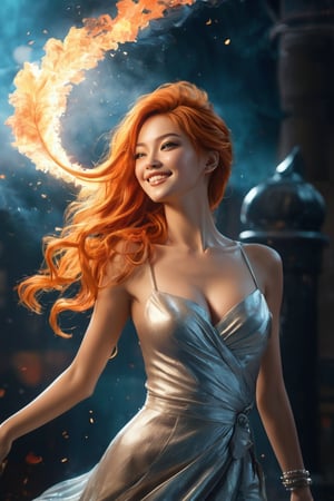 hyperrealistic, a masterpiece live-action movie poster. A breathtakingly realistic image of Nami from One Piece, orange hair flowing, epic movie still composition, dynamic angle, dynamic position, speed effect, playful and evil smiling, young and cute face, plumes of jet black plumes smokes, In the style of Prokoko, radiating an otherworldly aura. Showcase her sexy figure and beaming smile. Utilize advanced techniques to capture subtle lighting, texture, and attire details. Exude an atmosphere of awe-inspiring wonder, as if she is about to unleash divine energy. Bring this extraordinary visual to life with 3D rendering and meticulous attention to detail.