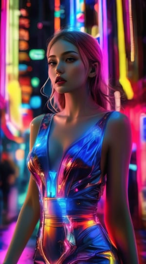 A captivating fantasy portrait of a stunning powerful young female model, dressed in a fashionable outfit with a touch of gothic elements. A mesmerizing stunning, luminous dress that radiates bright electric colors. The dress is adorned with intricate, geometric patterns that seem to dance and shift like a living entity. As she walks, the dress leaves a trail of neon light. The background reveals a futuristic cityscape with towering, illuminated buildings that glisten against the night sky. The city lights playfully dance off the dress, creating a visually stunning interplay of technology and fashion. The overall atmosphere of the piece is captivating, with a sense of futuristic glamour and innovation.,neon photography style,mad-cyberspace,NeonLG