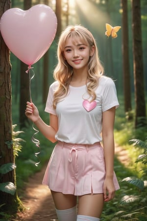 ((masterpiece)), ((best quality)), (((photo Realistic))), A mesmerizing high-resolution photograph of a seductive young girl. A stunning, vibrant 3D anime-inspired portrait of a radiantly happy woman in a summer forest. She has long, flowing blonde hair and is dressed in a white t-shirt featuring a pink heart, a pink miniskirt, white socks with pink ribbons, and pink high heels. The woman is smiling warmly while holding a white heart balloon with the name " My Darling " and threads in her hand. The sun is setting in the background, casting a golden light on the lush forest, enveloping the scene in a warm, summer glow. The image is presented as a high-quality, photo-realistic poster that captures the essence of joy and love.,cute,cutegirlmix