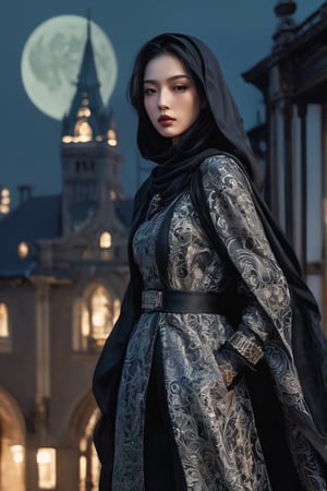 A mysterious female assassin, his half-lower face concealed by a translucent black veil. Her sexy attire is intricately detailed decorated with gleam patterns, featuring a high-collared coat and ornate gloves, with stockings that add to his enigmatic allure. Outer glow around the protagonist to distinguish him from the background. mute the background to distinguish it from the protagonist. Perched on a gargoyle, she gazes out over a cityscape of towering, gothic buildings silhouetted against a moonlit sky. A meticulously detailed, hyper-realist illustration in the style of Norman Rockwell, Jeremy Mann, Dungeons & Dragons, Moebius,and Steve Hanks