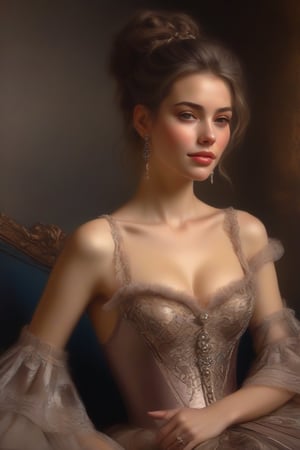 ((masterpiece)), ((best quality)), (((photo Realistic))), NSFW, baroque style drawing art, upper body view of beautiful adult french woman, wearing open low cut victorian era dress, sexy legs, detailed clothing, muted colors, shy smile on perfect face, small breasts, perfect nipples, perfect hands, medium big breasts, pretty boobs, ,dripping paint,epicDiP,oil painting