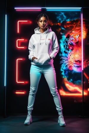 hyperrealistic, best quality, masterpiece, analog film photo, studio lighting. A captivating photo of a young alluring woman in a striking silhouette, dressed in a white hoodie, white jeans, and white sports shoes. She stands boldly against a dark, enigmatic background, creating a sense of mystery. The main focus of the image is a vibrant neon sign in the foreground, reading 'Fight'. The sign is a brilliant gradient of colors, transitioning from red to blue, casting a mesmerizing reflection on the ground. A captivating black ink art piece on a pristine white background features a face formed by bold, spaced-out ink spots. The central focus is a pair of intricately detailed leopard eyes and part of the muzzle, with the white background accentuating the negative space between the spots. The vibrant and bold design demonstrates that simplicity can create a truly mesmerizing visual effect. 