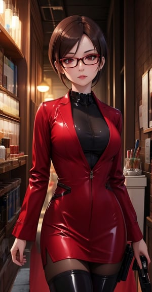 A stunning digital illustration of the Russian streamer Etobogema, dressed as Ada Wong from Resident Evil. She has dark brown hair, brown eyes, and glasses, with a mysterious and alluring expression. Etobogema wears a red dress with a plunging neckline and a matching red blazer, exuding confidence and style. The background is dimly lit, creating a suspenseful atmosphere, while the focus remains on the captivating character.,Detail,masterpiece,deepjourney