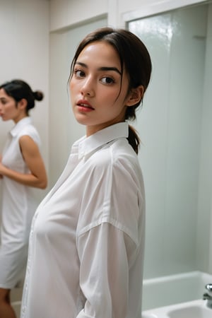 A tender and intimate photograph of a young fit woman, wearing only wet white oversized men's dress shirt, standing in a bathroom with an air of vulnerability. She revealed both modesty and surprise. Two onlookers, sharing identical expressions of astonishment, intrude upon the scene from the front. The playful, unexpected atmosphere is accentuated by the soft, sensual lighting, which envelops the scene and invites the viewer's interpretation. The composition captures the essence of unguarded encounters, stirring the viewer's emotions and igniting their imagination.