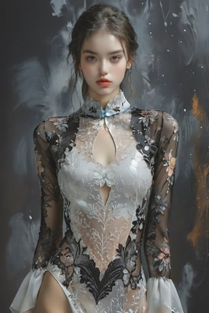 Elegant young beauty top model in designer dress
Digital painting, Contemporary, Intricate composition, advant-grade, bold designed, hole suit, white transparent dress with intricate details, dark background, modern digital art, professional quality, photo, fashion